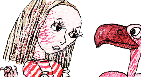 Alice in Croquetland - Illustration of Alice looking at a flamingo