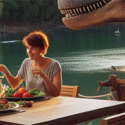 Dinosaur Trail - Couple dining with a dinosaur in the background