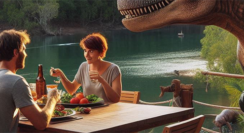 Dinosaur Trail - Couple dining with a dinosaur in the background