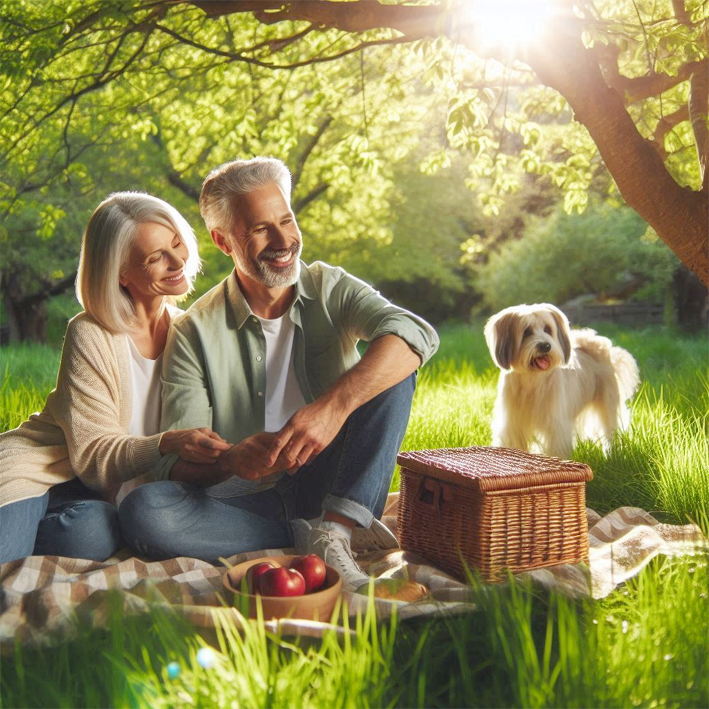 Balanced diet_couple with a dog on a picnic