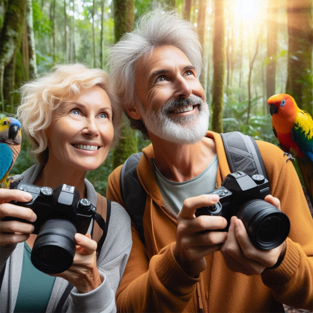 Balanced diet couple photographing birds