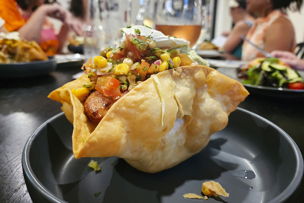 Italy Meets Mexico Fusion - chorizo and gamberi pizza tostada