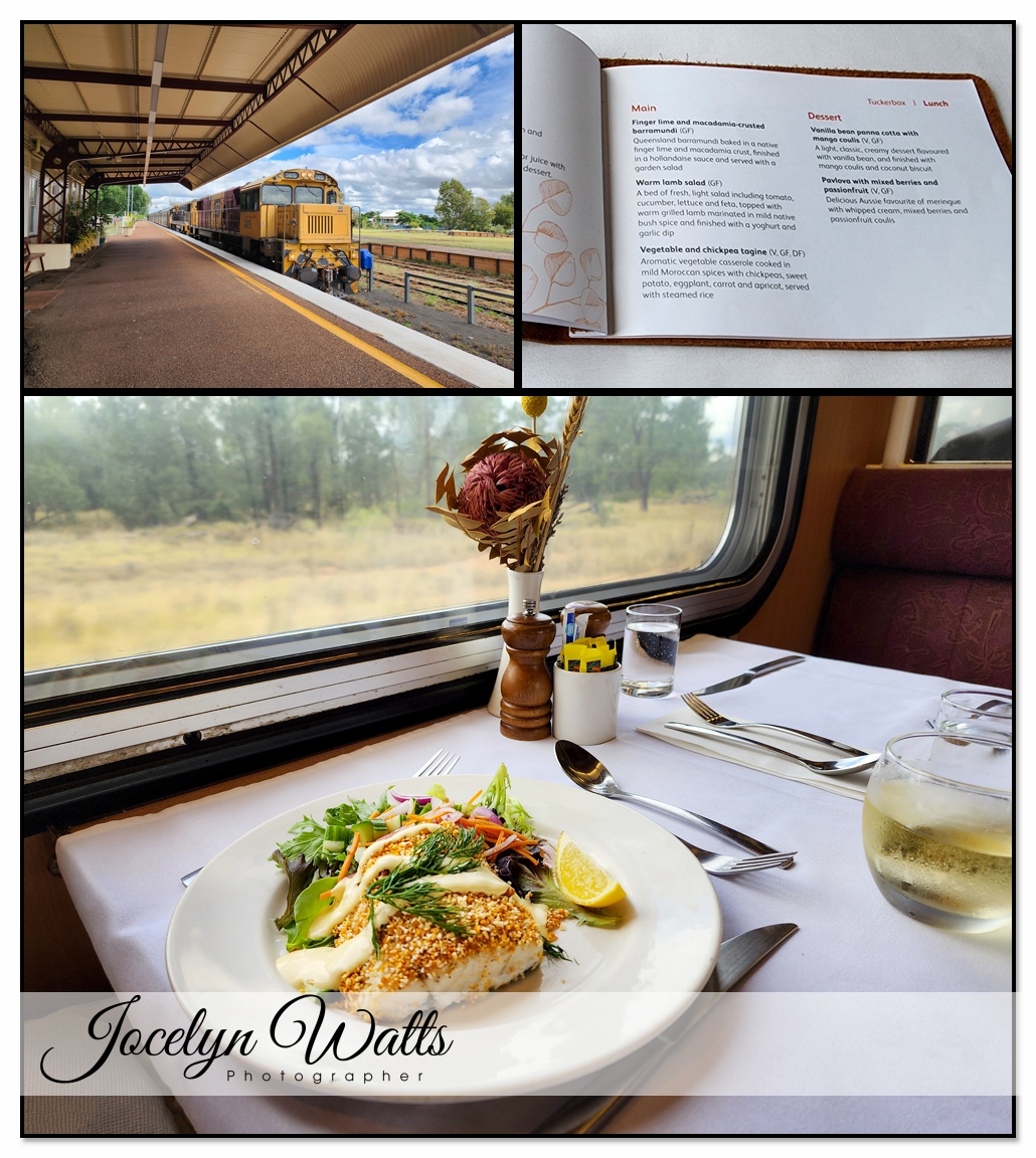 slow travel essentials Australia - Dining carriage meal aboard the Spirit of the Outback train