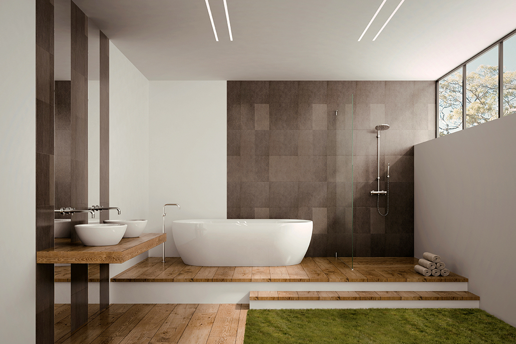Light-filled bathroom with freestanding bath and timber accents in a Mater Lotteries prize home