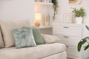 Relaxed neutral living room with soft furnishings in a Mater Lotteries prize home