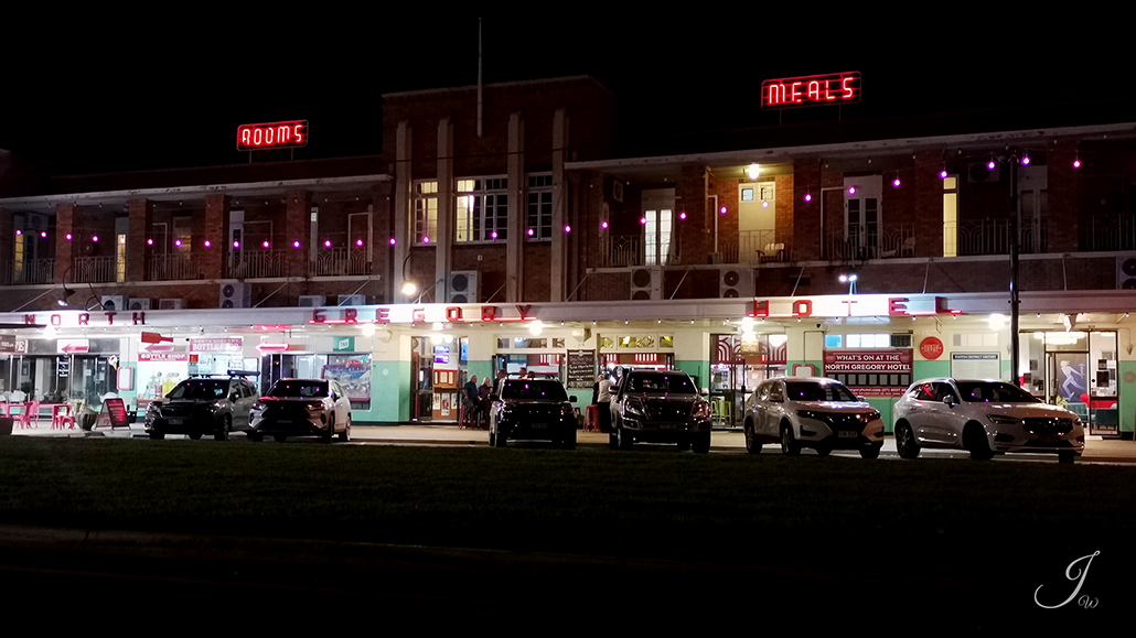 Queensland Dinosaur Trail: North Gregory Hotel at night.