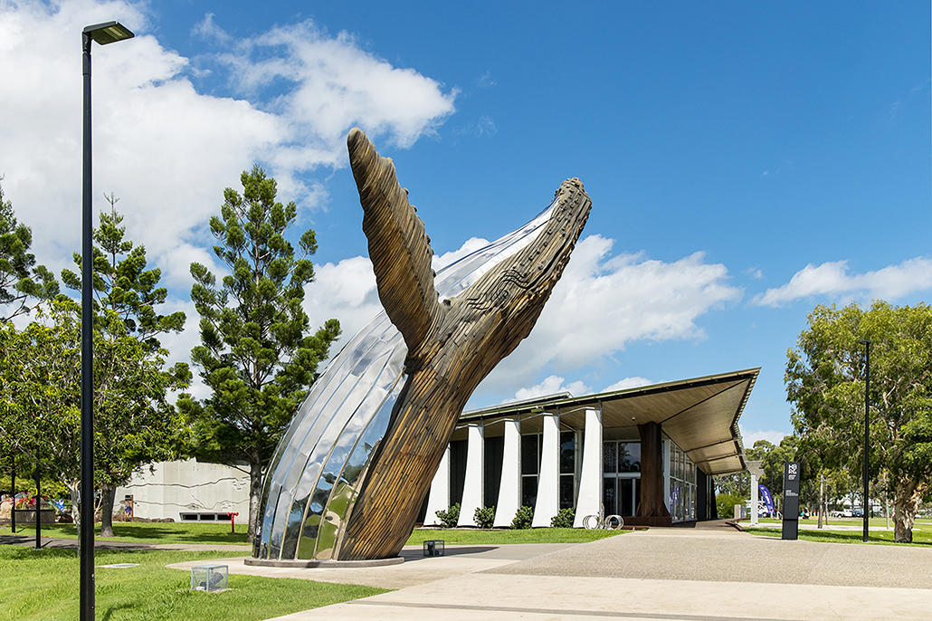 Hervey Bay Regional Gallery with whale sculpture outside the entrance on Queensland’s Fraser Coast arts and cultural precinct.