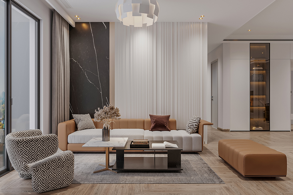 Townhouse Living: Light-filled modern apartment living room with neutral tones and contemporary furniture