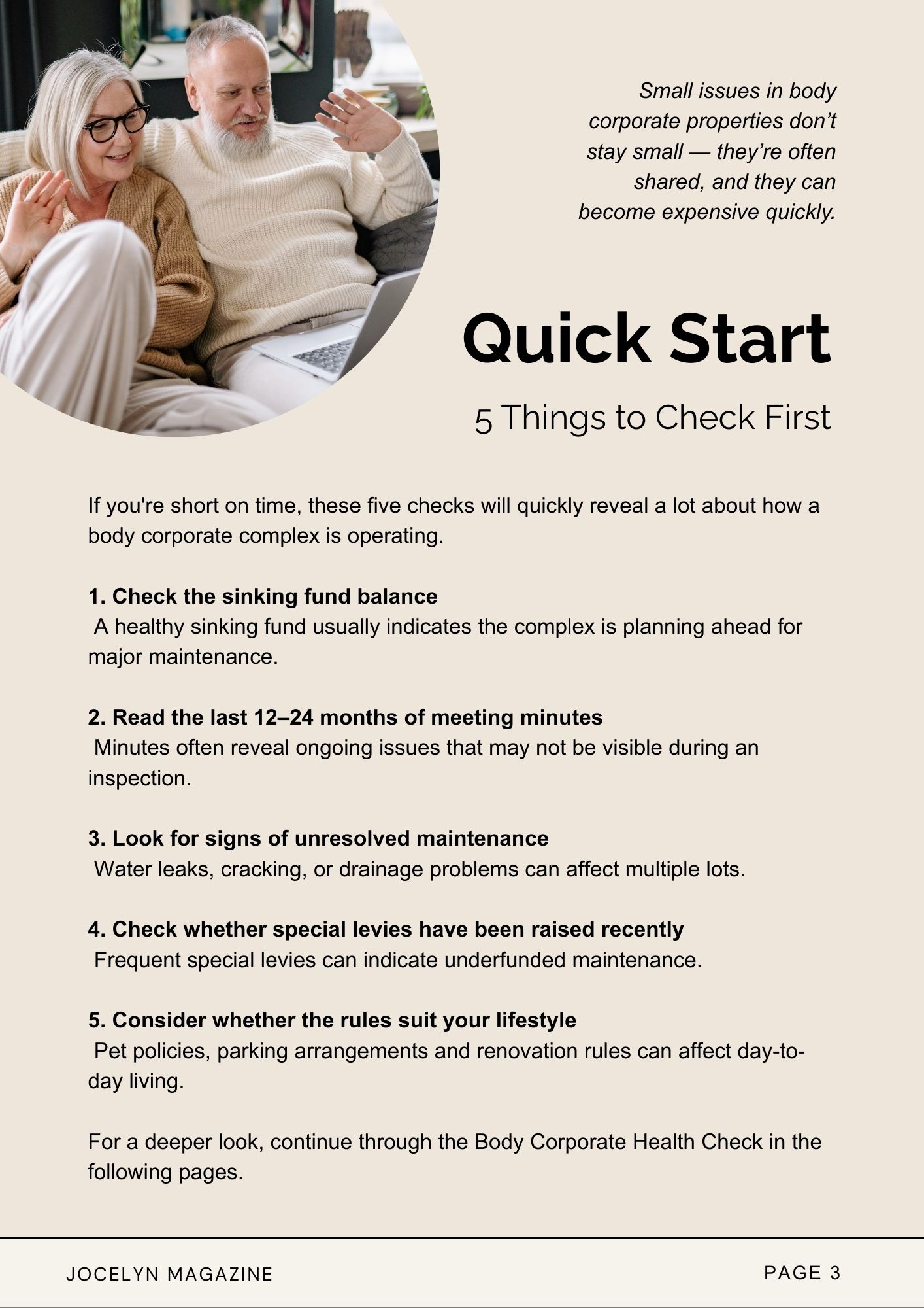 Body corporate checklist before buying townhouse apartment: ebook Page 3.
