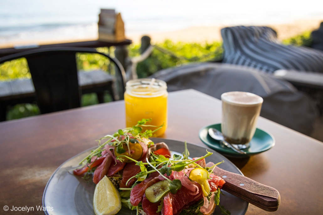 Breakfast with coffee and fresh dish overlooking the beach at Hervey Bay
