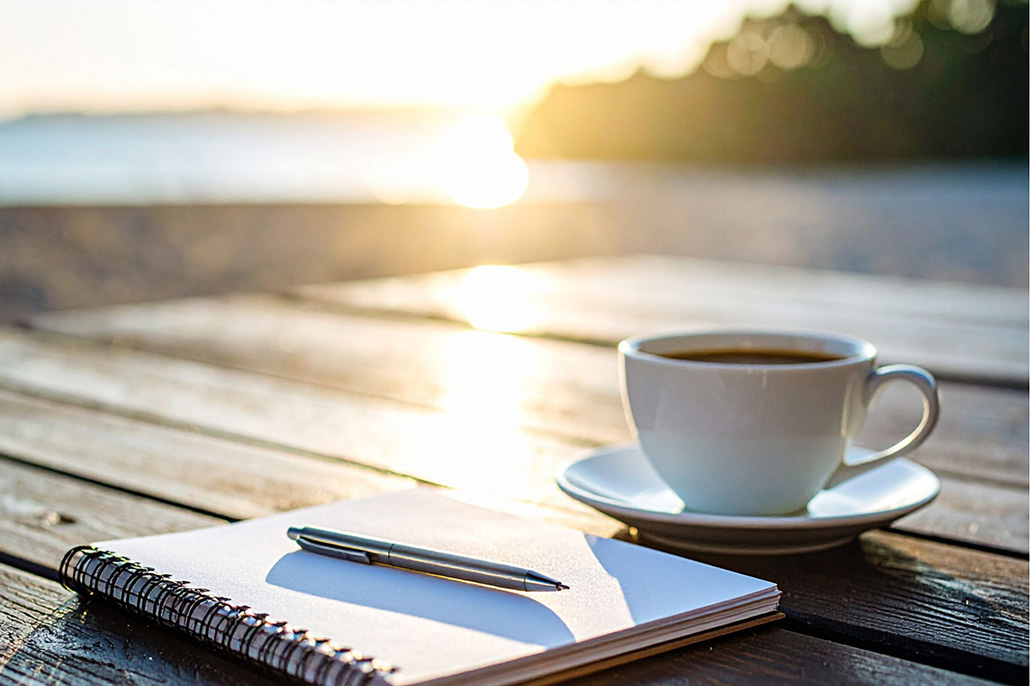 Morning coffee and notebook during quiet reflection on coastal townhouse living