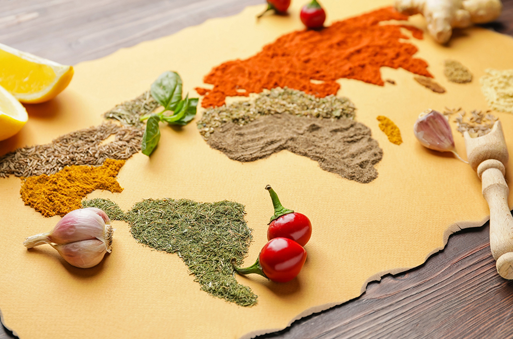 Map of India created with spices and herbs on parchment