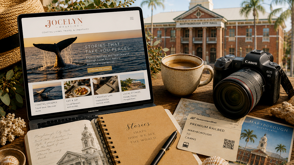 jocelyn-magazine-about-hero-coastal-travel-creativity-brand Canon EOS R5 camera, coffee, notebook and laptop displaying Jocelyn Magazine with Maryborough City Hall and Queensland Rail travel details in a coastal-inspired workspace.