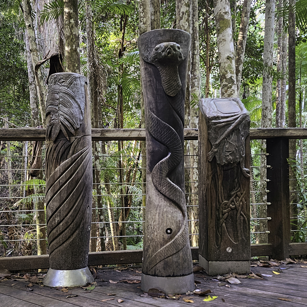 Carved ironbark rainforest sculptures by artist Monika Bayer at Central Station on K'gari.
