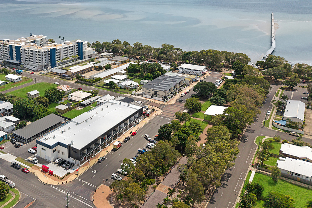 Aerial photograph showing The Place Urangan and its location near Urangan Pier in Hervey Bay.