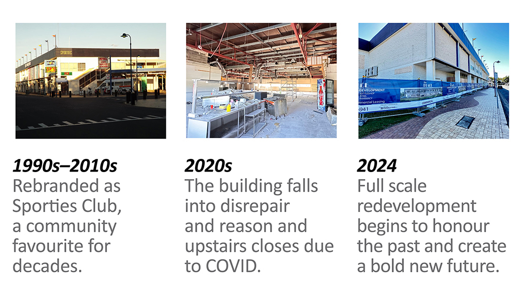 Historic timeline showing Sporties Club, building closure and redevelopment of The Place Urangan.