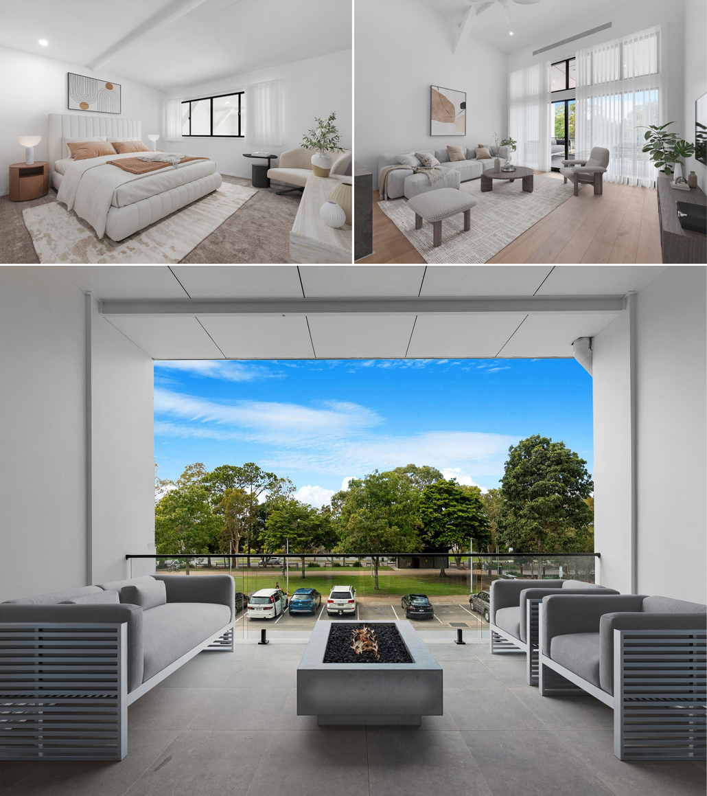 Warehouse-style apartment interiors and outdoor living spaces at The Place Urangan.