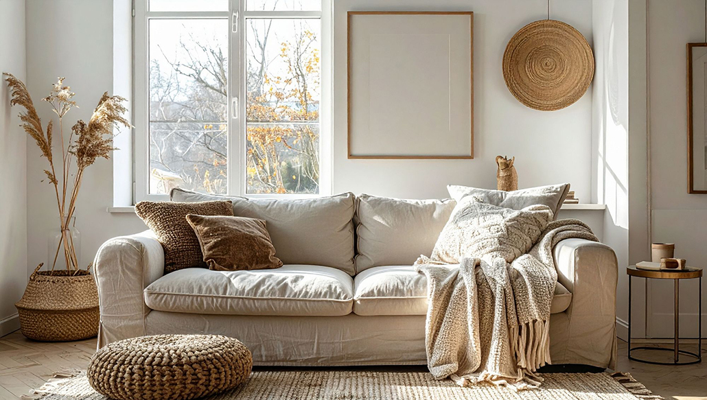 Queensland coastal living: Neutral coastal living room with natural woven textures and soft furnishings