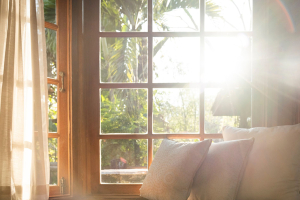 Queensland coastal living: Sunlight streaming through timber-framed windows into a relaxed sitting area