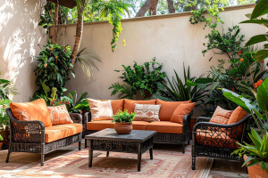 Small leafy courtyard with comfortable outdoor seating and tropical plants