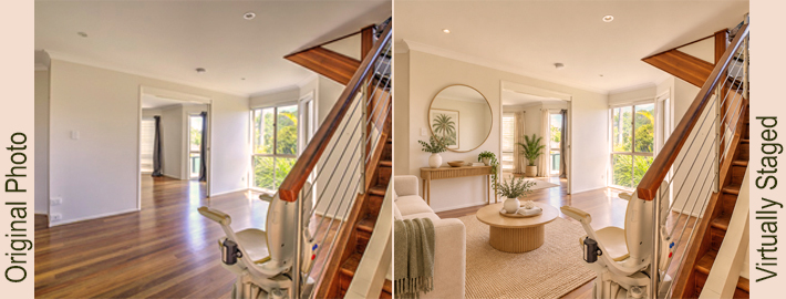 Before-and-after comparison of a vacant living room and the same room with digitally added furniture.